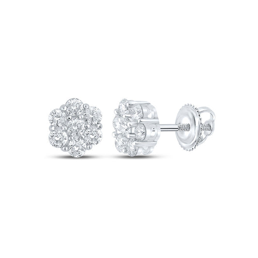 10K White Or Yellow Gold Round Diamond Flower Cluster Earrings