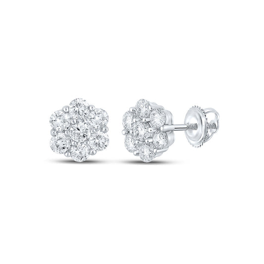 14K White Gold Round Diamond Flower Cluster Earrings 1-7/8 Cttw