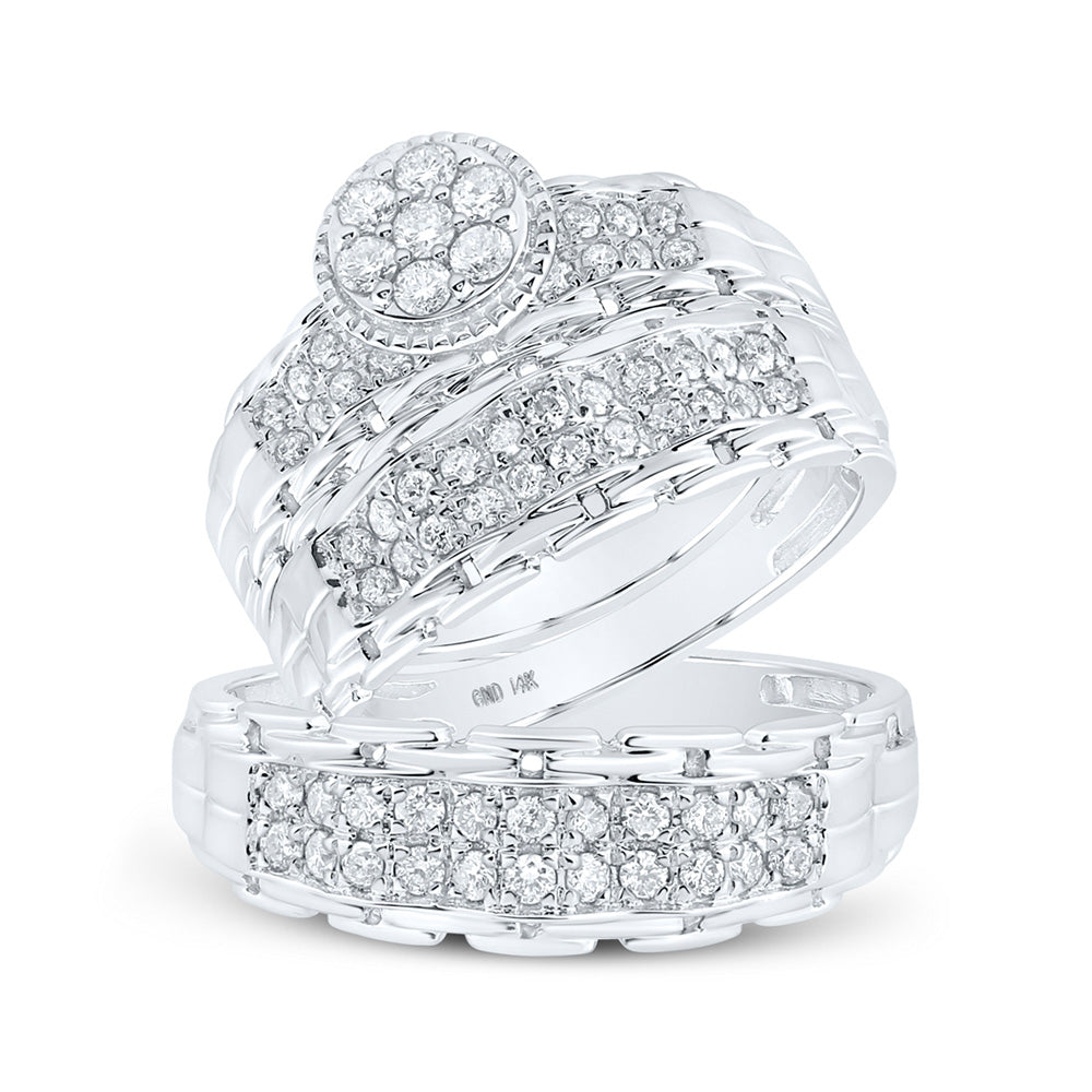 14K White Or Yellow Gold His Hers Round Diamond Cluster Matching Wedding Set , Womens Size: 5-10, Mens Size: 7-13