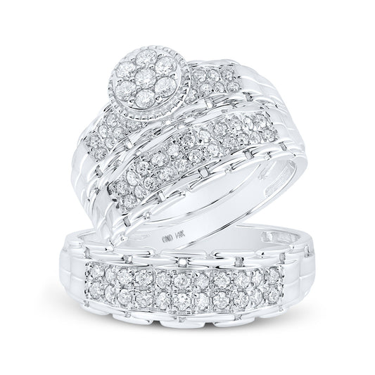 14K White Or Yellow Gold His Hers Round Diamond Cluster Matching Wedding Set , Womens Size: 5-10, Mens Size: 7-13