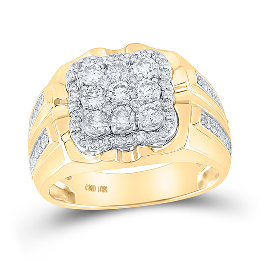 10K Yellow Gold Mens Round Diamond Square Cluster Ring 1-1/2 Cttw, Mens Size: 7-13