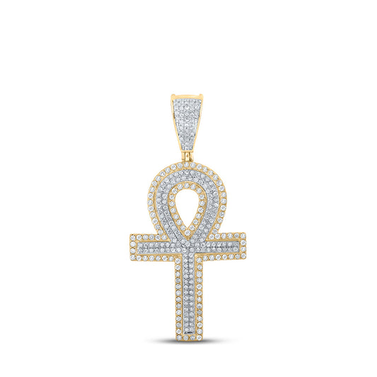 10K Two-tone Gold Mens Round Diamond Ankh Cross Charm Pendant 7/8 Cttw