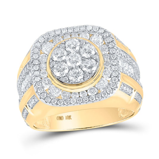 10K Yellow Gold Mens Round Diamond Flower Cluster Ring 3 Cttw, Mens Size: 7-13