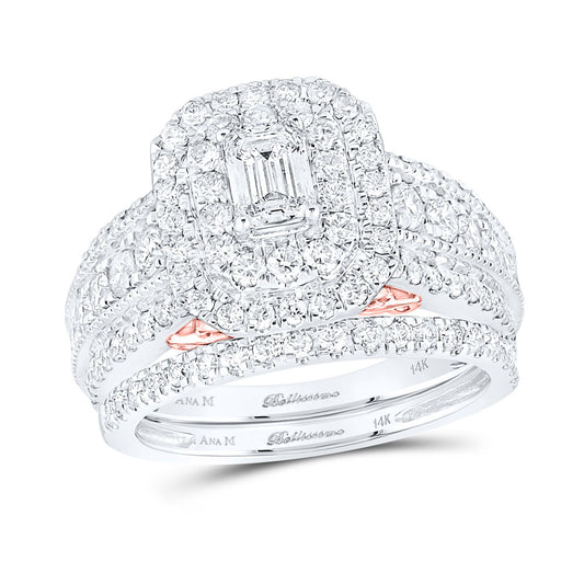 14K Two-tone Gold Emerald Diamond Halo Bridal Wedding Ring Band Set 2 Cttw, Womens Size: 5-10