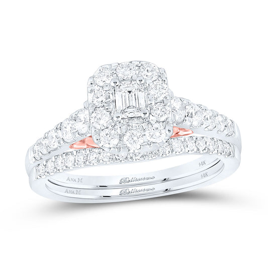14K Two-tone Gold Emerald Diamond Halo Bridal Wedding Ring Band Set 1 Cttw, Womens Size: 5-10