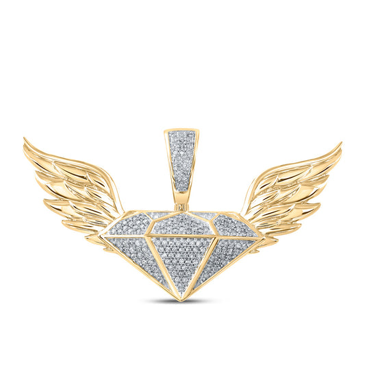 10K Yellow Gold Mens Round Diamond Gem Wings Charm Pendant 1/3 Cttw