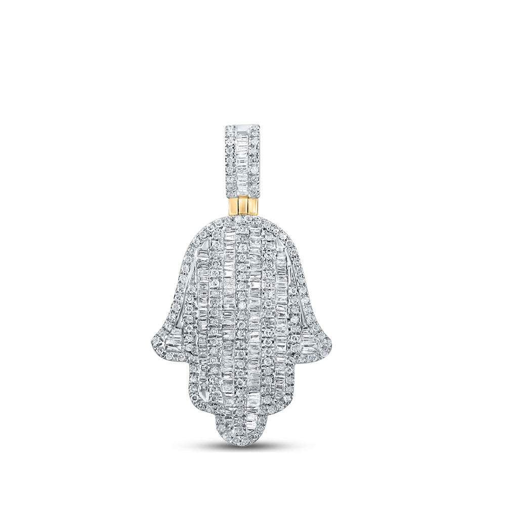 10K Yellow Gold Mens Baguette Diamond Hamsa Charm Pendant 1 Cttw, Length: 1.38 In, Width: 0.76 In