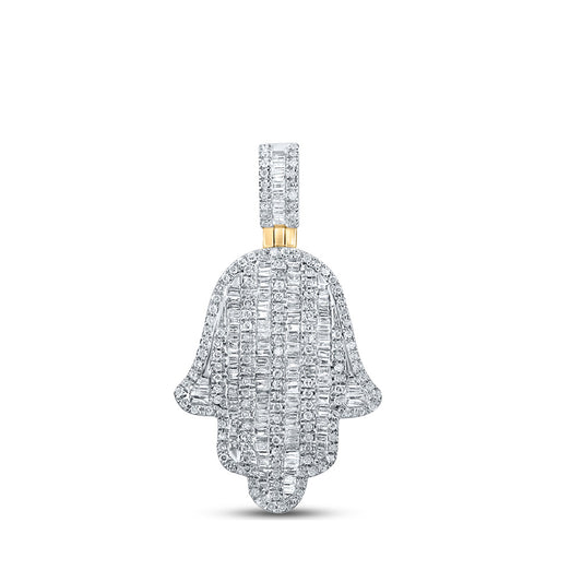 10K Yellow Gold Mens Baguette Diamond Hamsa Charm Pendant 1 Cttw, Length: 1.38 In, Width: 0.76 In