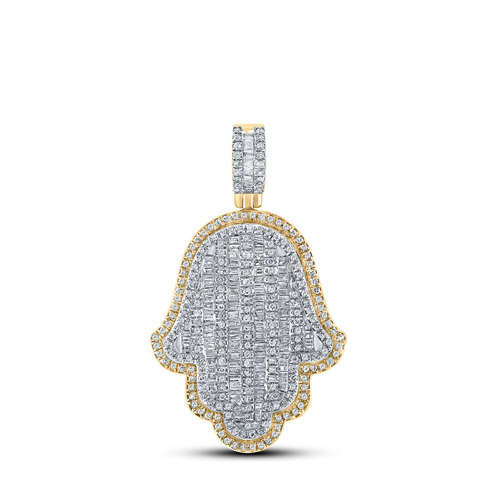 10K Yellow Gold Mens Baguette Diamond Hamsa Charm Pendant 1-1/3 Cttw, Length: 1.7 In, Width: 1.08 In