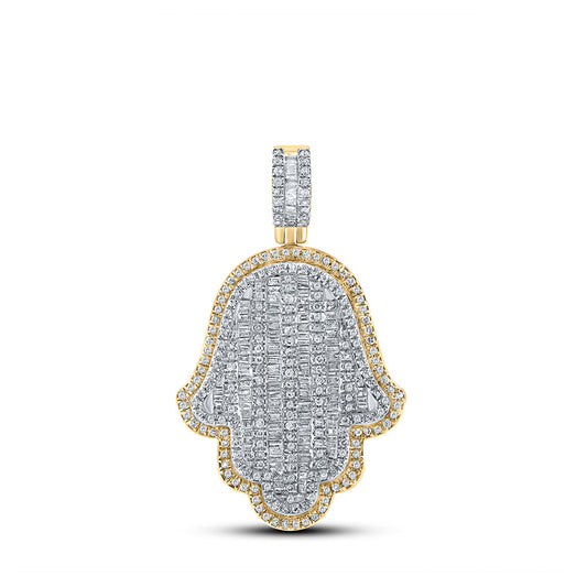 10K Yellow Gold Mens Baguette Diamond Hamsa Charm Pendant 1-1/3 Cttw, Length: 1.7 In, Width: 1.08 In