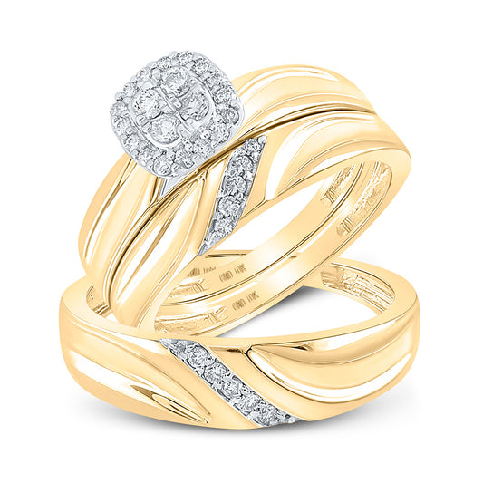 10K Yellow Gold His Hers Round Diamond Cluster Matching Wedding Set 1/3 Cttw, Womens Size: 5-10, Mens Size: 7-13
