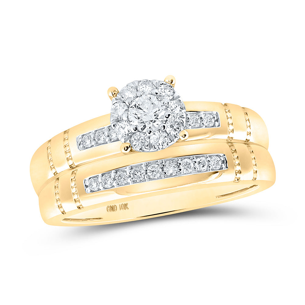 10K Yellow Gold His Hers Round Diamond Cluster Matching Wedding Set 1/2 Cttw, Womens Size: 5-10, Mens Size: 7-13