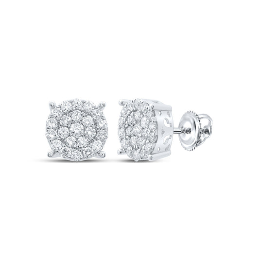 10K White Gold Womens Round Diamond Cluster Earrings 1 Cttw, Length: 0.37 In, Width: 0.37 In