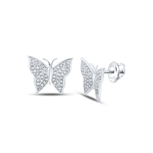 10K White Or Yellow Gold Womens Round Diamond Butterfly Bug Earrings