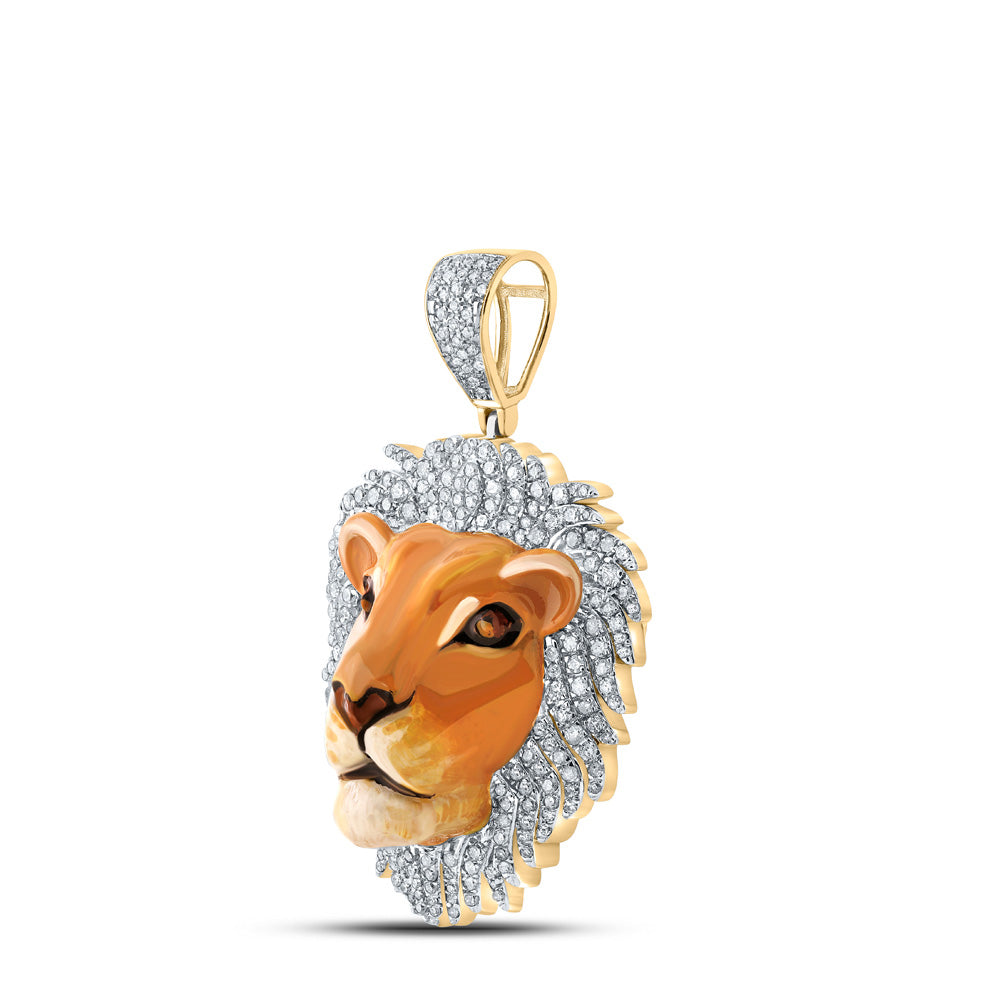 10K Yellow Gold Mens Round Diamond Lion Face Animal Charm Pendant 1 Cttw