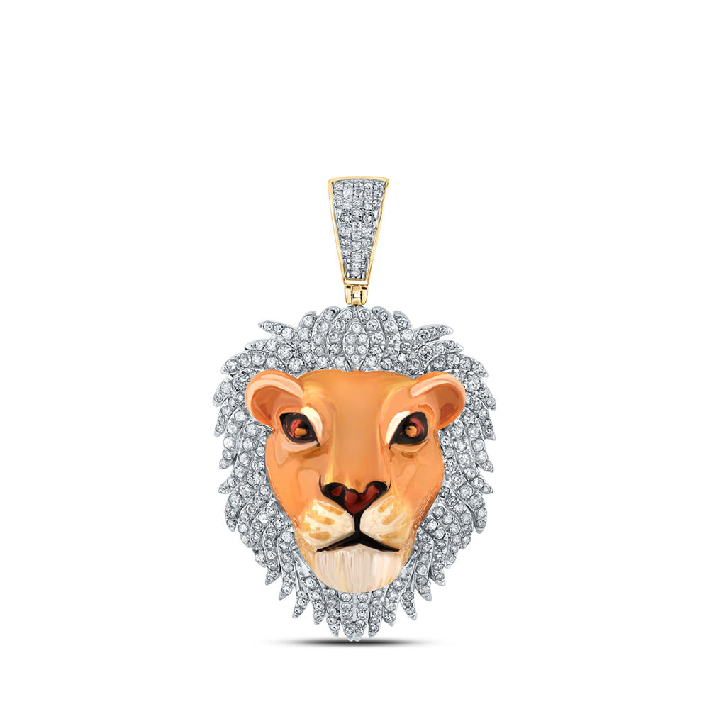 10K Yellow Gold Mens Round Diamond Lion Face Animal Charm Pendant 1 Cttw
