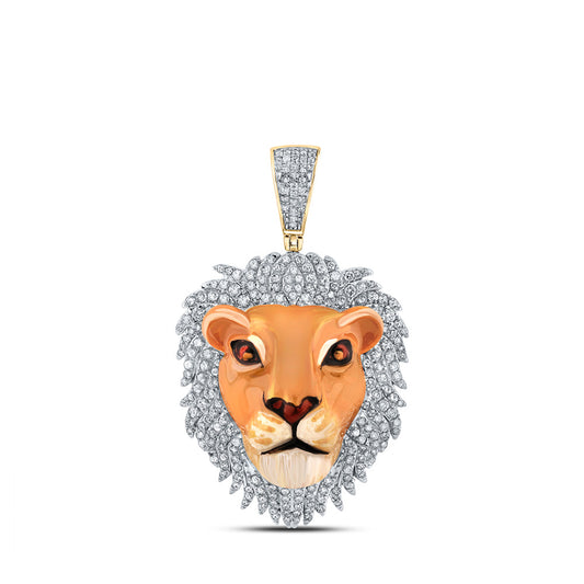 10K Yellow Gold Mens Round Diamond Lion Face Animal Charm Pendant 1 Cttw