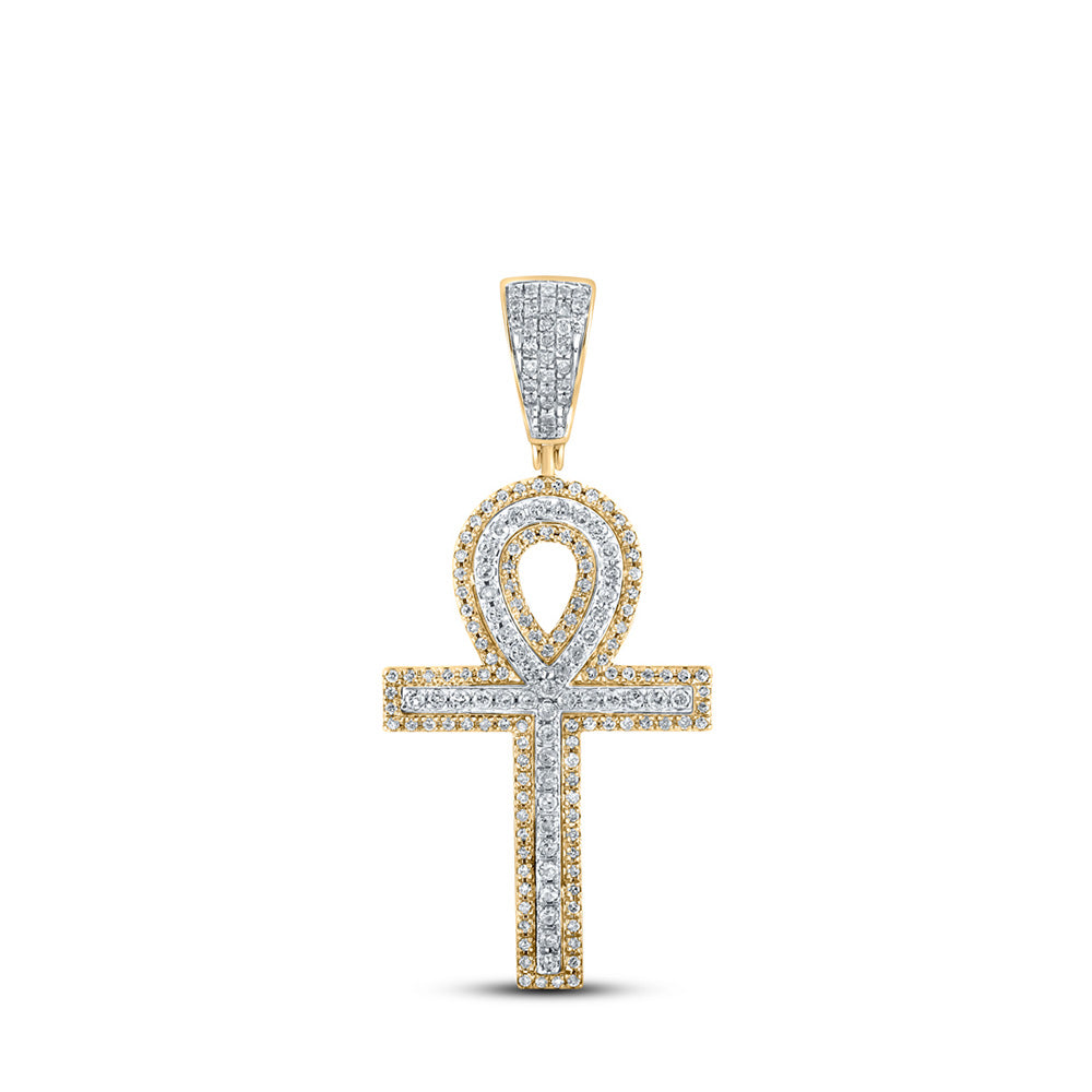 10K Yellow Gold Mens Round Diamond Ankh Cross Charm Pendant 7/8 Cttw