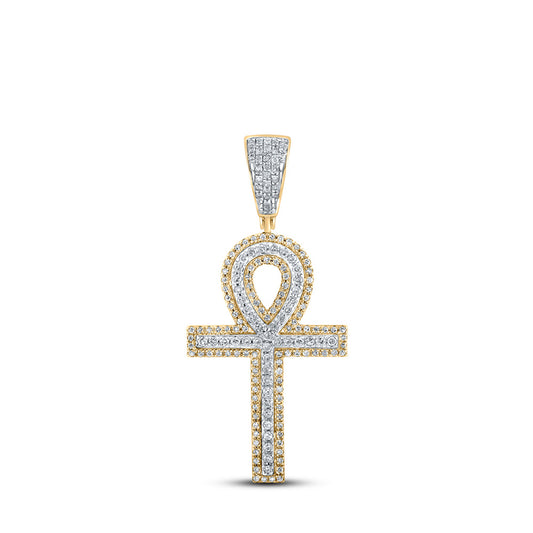 10K Yellow Gold Mens Round Diamond Ankh Cross Charm Pendant 7/8 Cttw