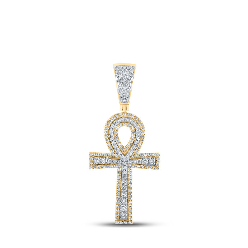 10K Two-tone Gold Mens Round Diamond Ankh Cross Charm Pendant 7/8 Cttw