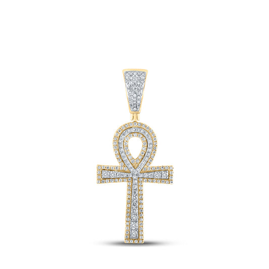 10K Two-tone Gold Mens Round Diamond Ankh Cross Charm Pendant 7/8 Cttw