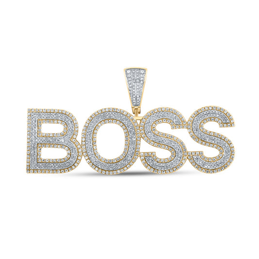 10K Two-tone Gold Mens Round Diamond BOSS Phrase Charm Pendant 3 Cttw, Length: 1.44 In, Width: 2.74 In