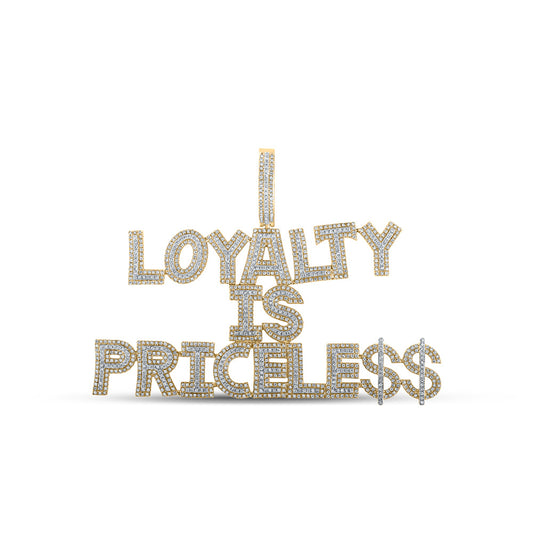 10K Yellow Gold Mens Round Diamond Loyalty Priceless Phrase Charm Pendant 2-7/8 Cttw