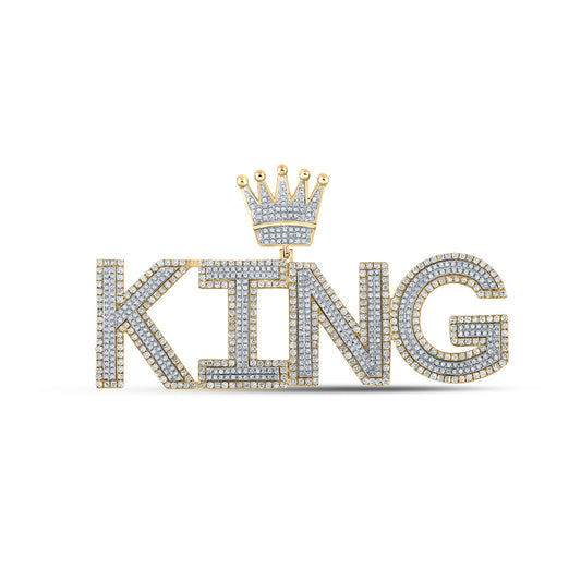 10K Two-tone Gold Mens Round Diamond King Crown Phrase Charm Pendant 3 Cttw, Length: 1.55 In, Width: 2.83 In