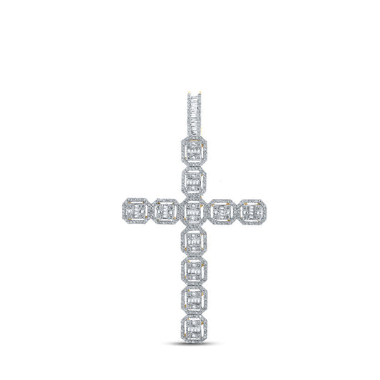 10K Yellow Gold Mens Baguette Diamond Cross Charm Pendant 2-1/3 Cttw, Length: 2.87 In, Width: 1.66 In