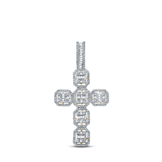 10K Yellow Gold Mens Baguette Diamond Cross Charm Pendant 1 Cttw, Length: 1.8 In, Width: 0.98 In