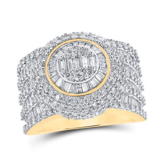 10K Yellow Gold Mens Baguette Diamond Circle Cluster Ring 4 Cttw, Mens Size: 7-13