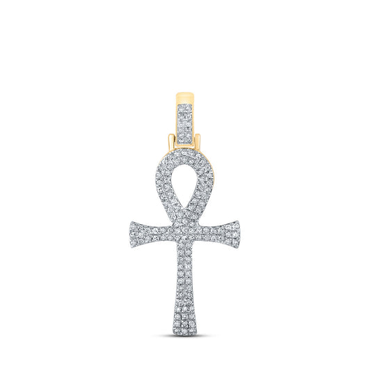 10K Yellow Gold Mens Round Diamond Ankh Cross Charm Pendant 1/3 Cttw, Length: 1.31 In, Width: 0.6 In