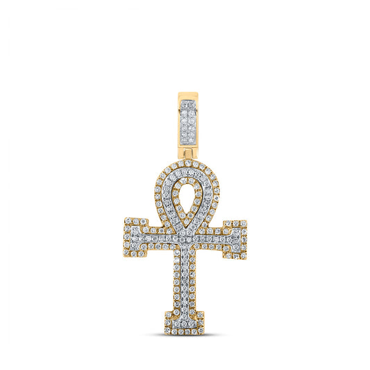 10K Two-tone Gold Mens Round Diamond Ankh Cross Charm Pendant 1/2 Cttw, Length: 1.35 In, Width: 0.7 In