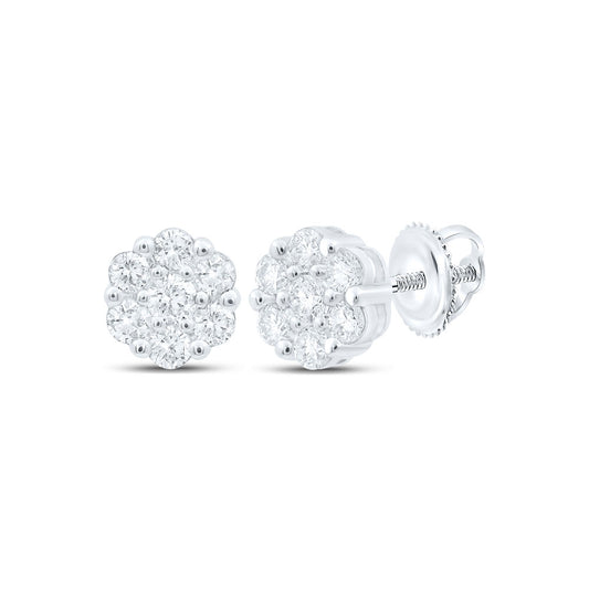 10K Yellow Or White Or Rose Gold Womens Round Diamond Flower Cluster Earrings