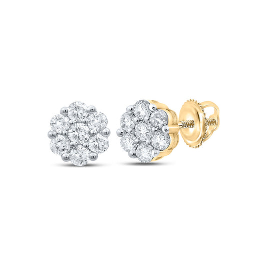 14K Yellow Gold Womens Round Diamond Flower Cluster Earrings 1 Cttw, Length: 0.35 In, Width: 0.35 In