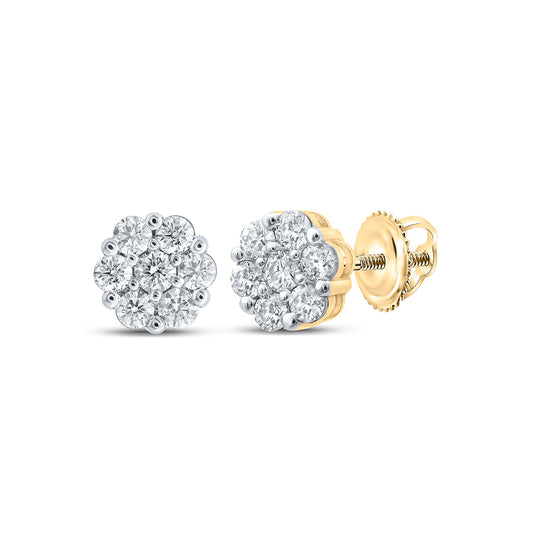 14K Yellow Gold Womens Round Diamond Flower Cluster Earrings 1-1/5 Cttw