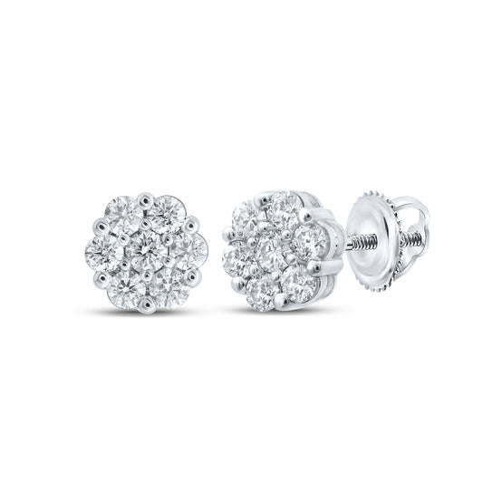 14K White Or Yellow Gold Womens Round Diamond Flower Cluster Earrings