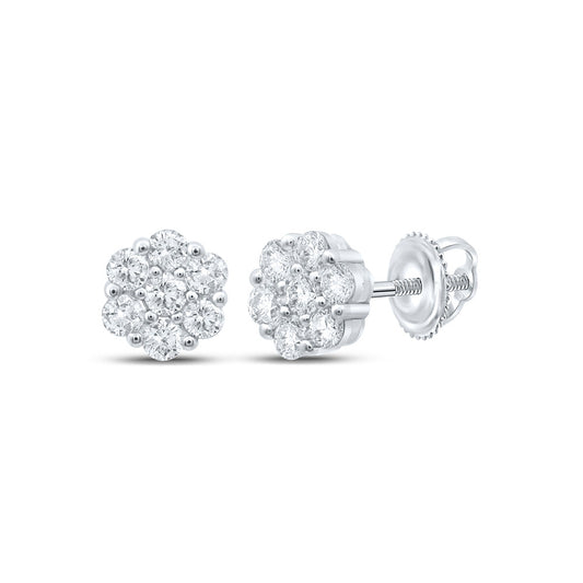 14K White Or Yellow Gold Womens Round Diamond Flower Cluster Earrings