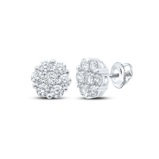 14K White Or Yellow Gold Womens Round Diamond Flower Cluster Earrings