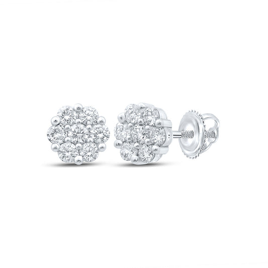 14K White Or Yellow Gold Womens Round Diamond Flower Cluster Earrings