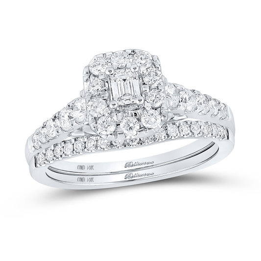 14K White Or Yellow Gold Emerald Diamond Halo Bridal Wedding Ring Band Set , Womens Size: 5-10