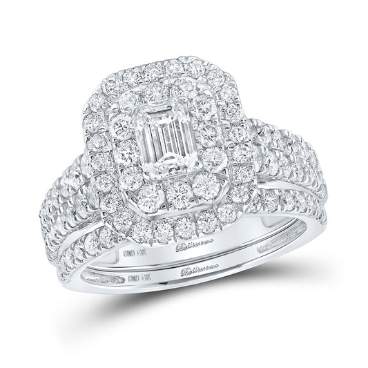 14K White Or Yellow Gold Emerald Diamond Halo Bridal Wedding Ring Band Set , Womens Size: 5-10