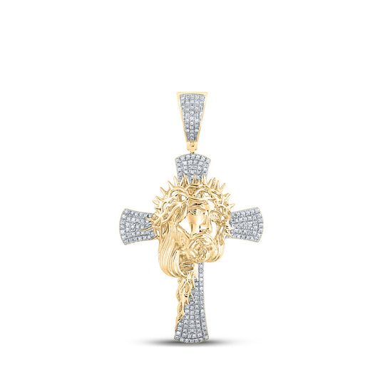 10K Yellow Gold Mens Round Diamond Jesus Cross Charm Pendant 1/2 Cttw