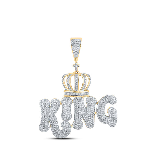 10K Yellow Gold Mens Round Diamond King Crown Phrase Charm Pendant 2-3/8 Cttw, Length: 1.75 In, Width: 1.54 In