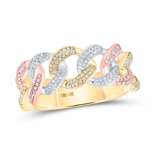 10K Tri-Tone Gold Mens Round Diamond Cuban Link Band Ring 1/2 Cttw, Mens Size: 7-13
