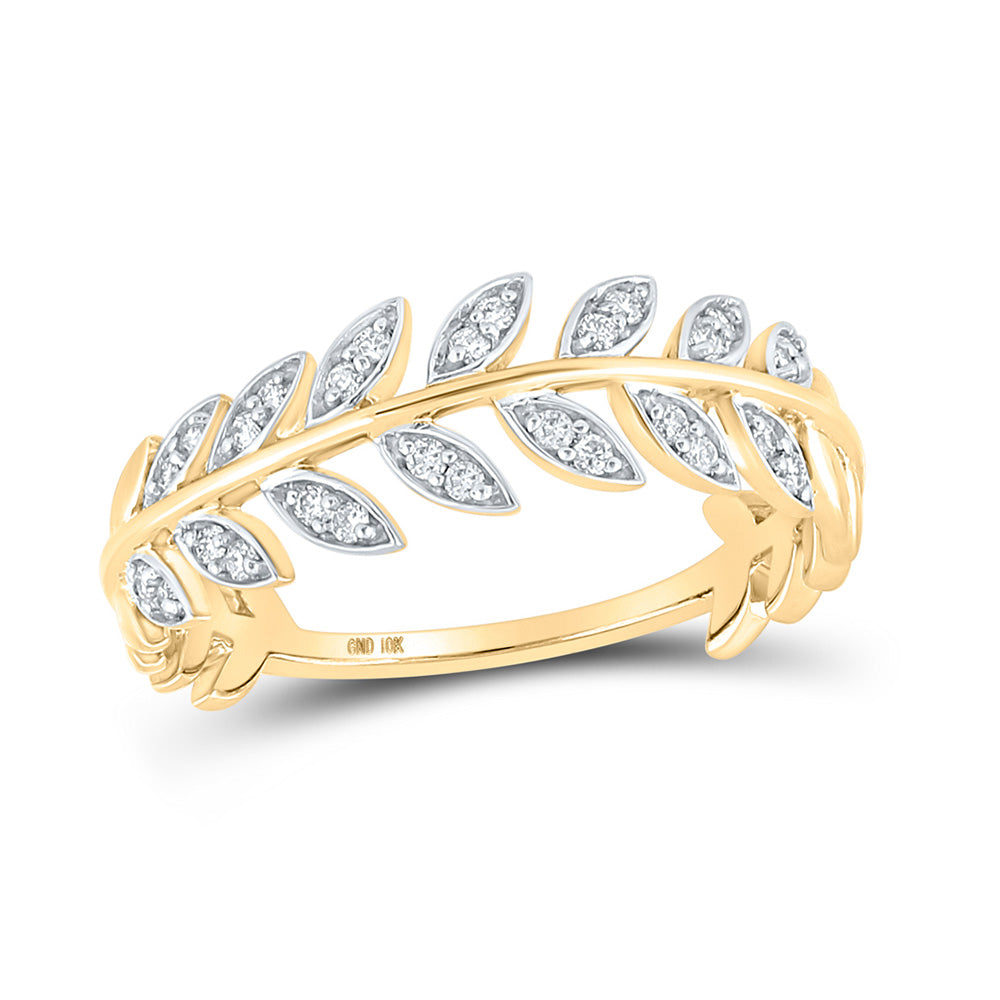 10K Yellow Gold Womens Round Diamond Vine Leaf Stackable Band Ring 1/8 Cttw, Womens Size: 5-10