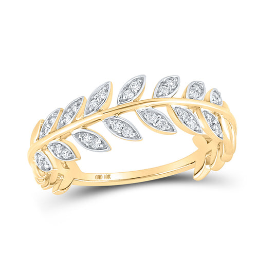 10K Yellow Gold Womens Round Diamond Vine Leaf Stackable Band Ring 1/8 Cttw, Womens Size: 5-10