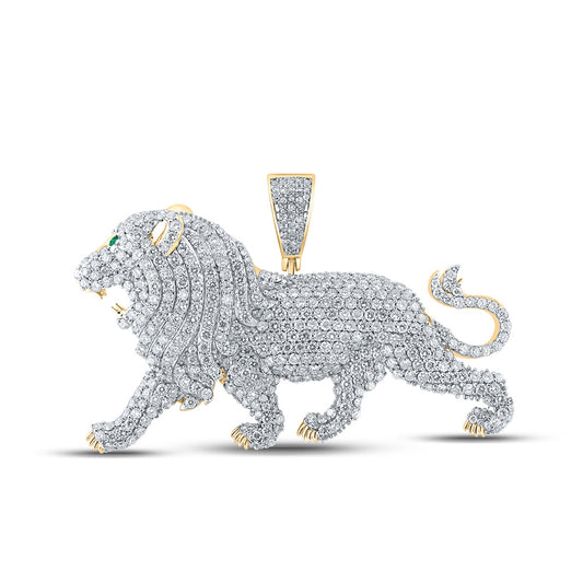 10K Yellow Gold Mens Round Diamond Lion Animal Charm Pendant 5-1/2 Cttw, Length: 1.5 In, Width: 2.32 In