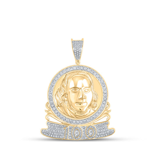 10K Yellow Gold Mens Round Diamond Ben Franklin 100 Charm Pendant 1-1/5 Cttw, Length: 1.91 In, Width: 1.38 In
