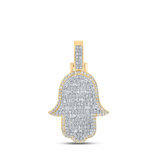 10K Yellow Gold Mens Baguette Diamond Hamsa Charm Pendant 7/8 Cttw, Length: 1.28 In, Width: 0.75 In